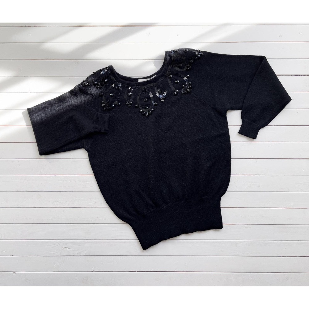 black fuzzy sweater 80s 90s vintage Liz Claiborne‎ beaded sweater